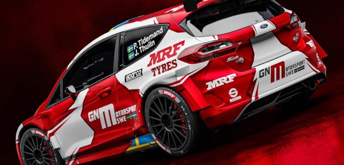 La Fiesta Rally2 di Tidemand con i colori MRF  Tyre